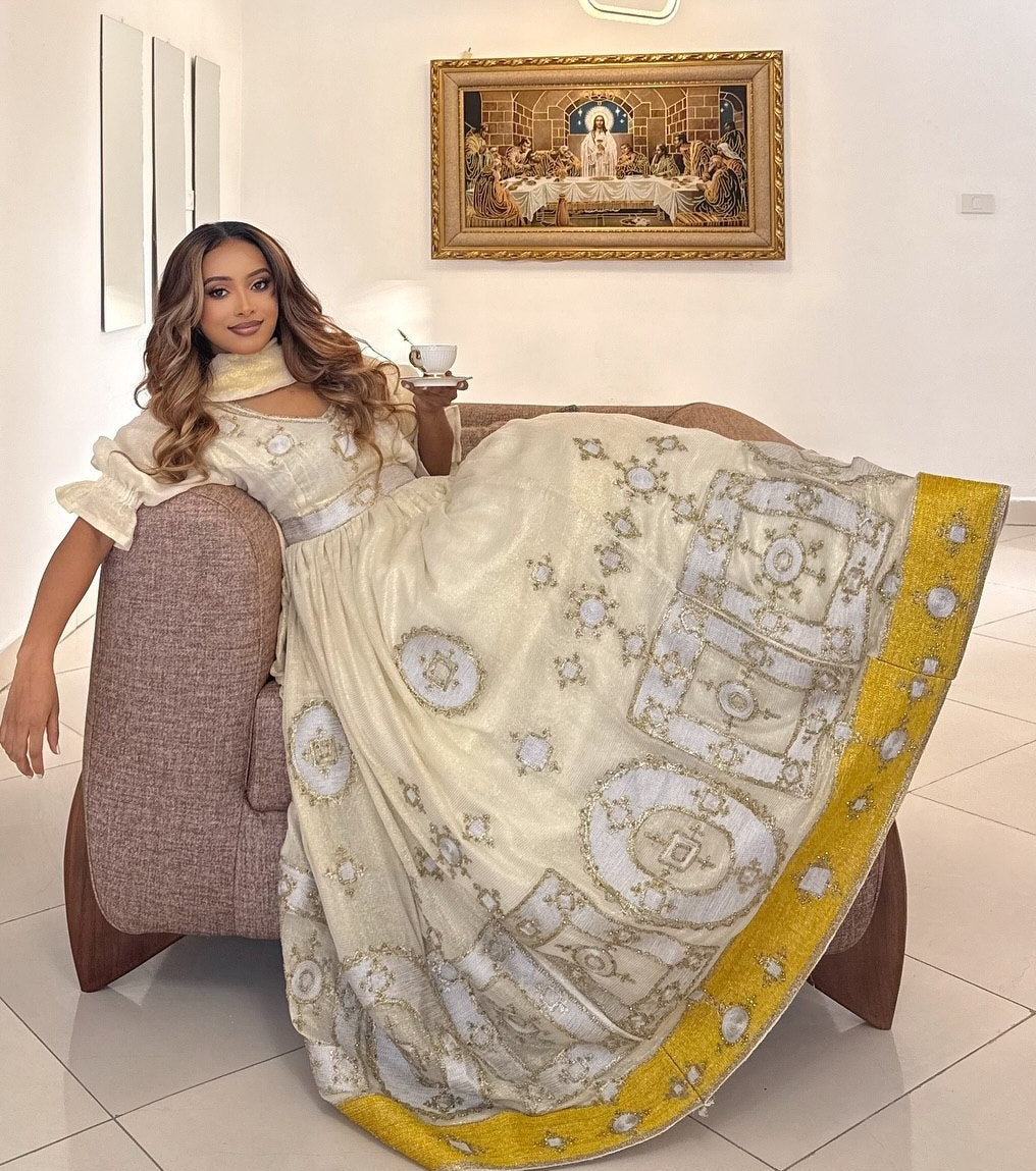 Ethiopian Habesha Kemis with Ivory, Gold Embroidery & Traditional Habesha Dress Details 1109