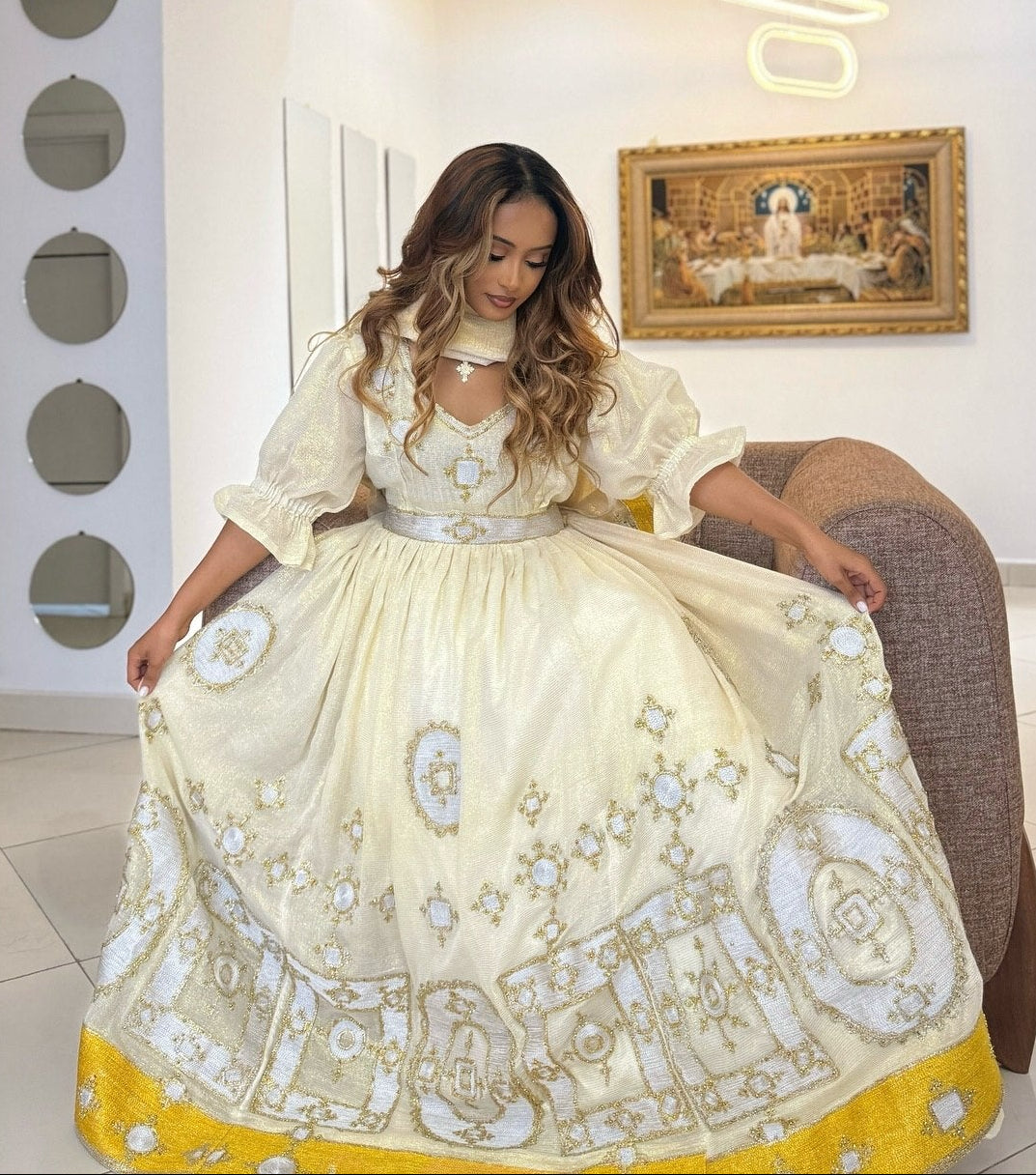 Ethiopian Habesha Kemis with Ivory, Gold Embroidery & Traditional Habesha Dress Details 1109