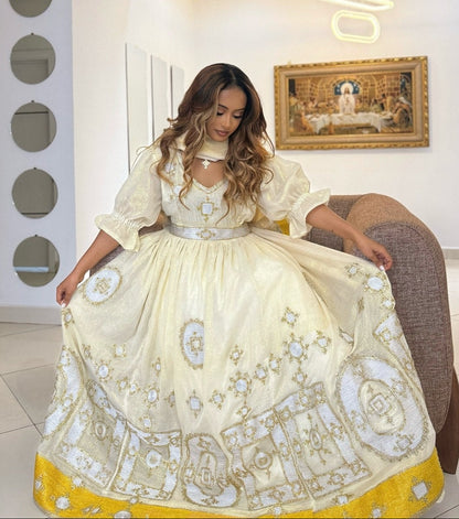 Ethiopian Habesha Kemis with Ivory, Gold Embroidery & Traditional Habesha Dress Details 1109