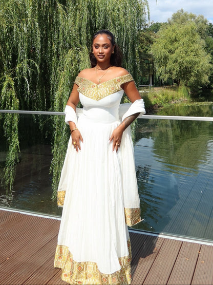 Off-Shoulder Traditional Ethiopian Clothing with Gold Embroidery