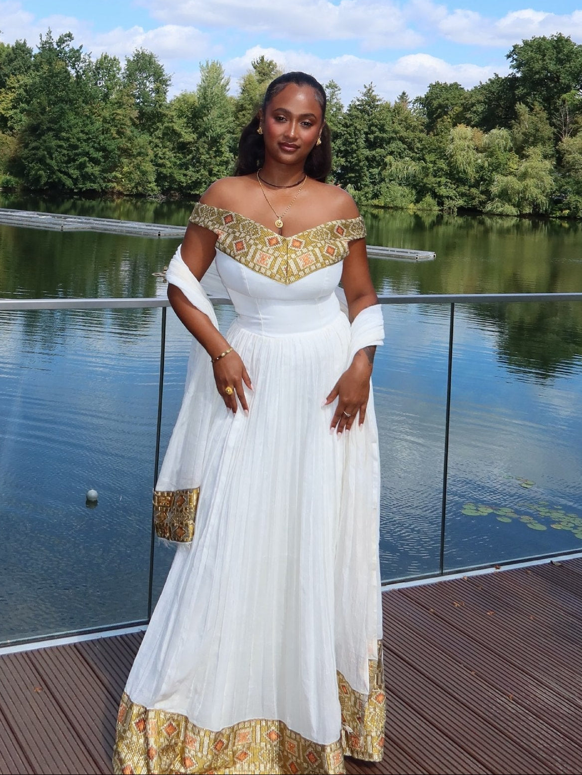 Ethiopian Dress with Gold-Trimmed Off-Shoulder Bodice Habesha Kemis Charming Habesha Dress 1111