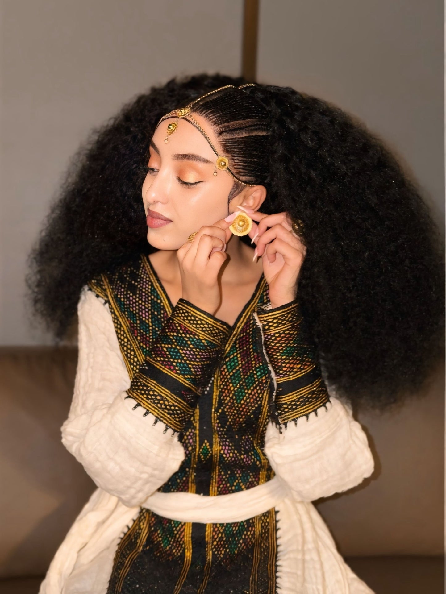 Obsidian Black & Gold Diamond Habesha Kemis V-Neck Ethiopian Dress Long Sleeve Habesha dress 1112