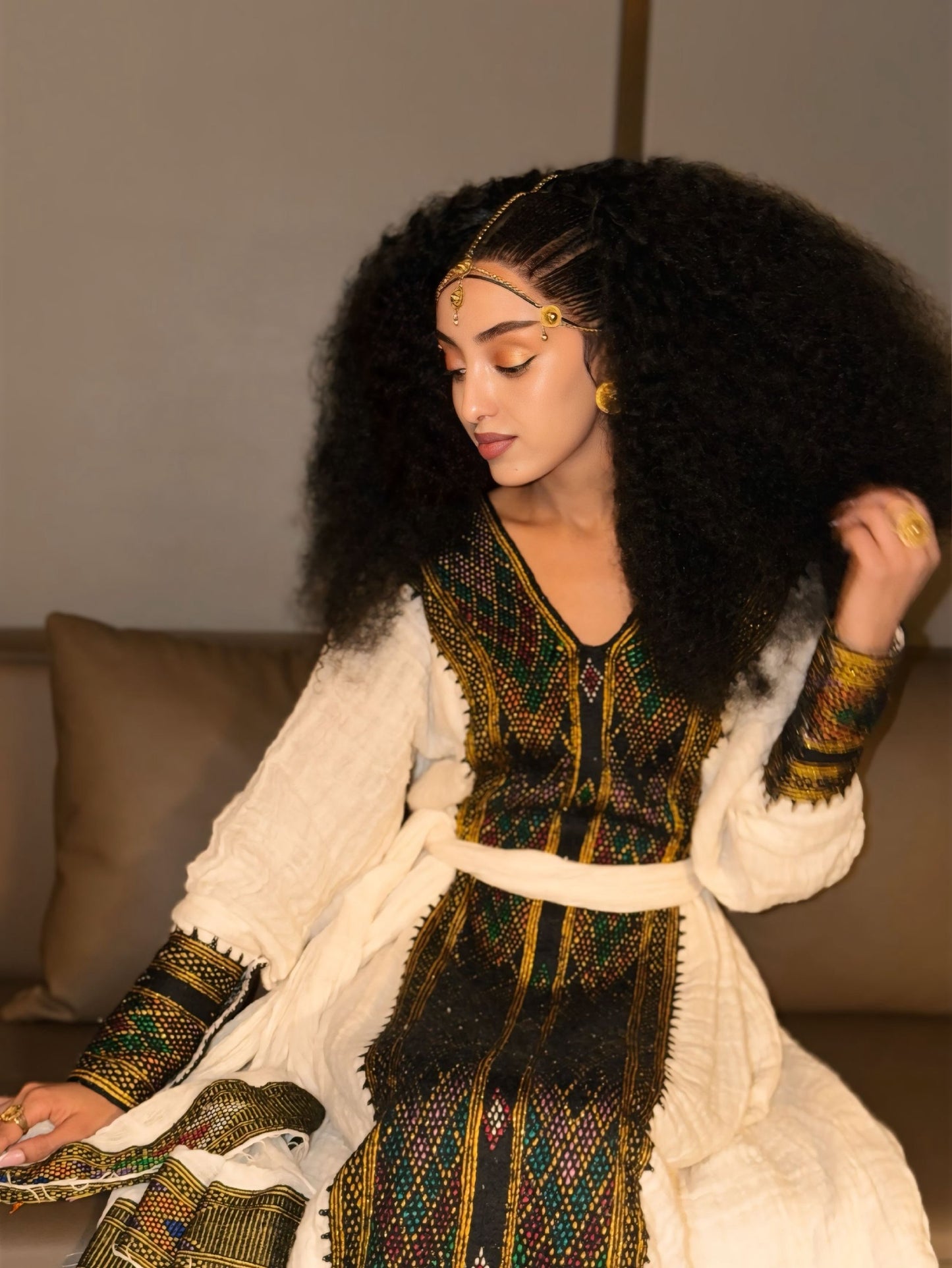 Obsidian Black & Gold Diamond Habesha Kemis V-Neck Ethiopian Dress Long Sleeve Habesha dress 1112