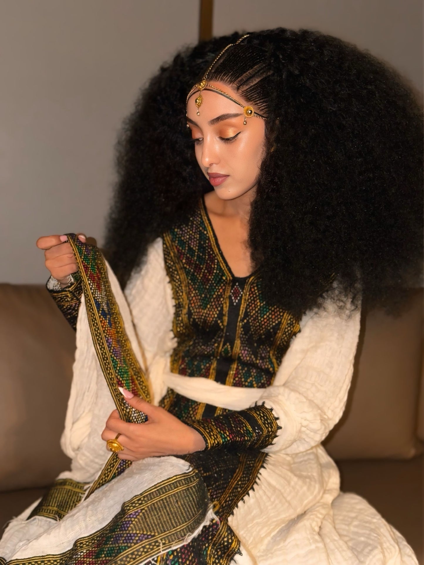 Obsidian Black & Gold Diamond Habesha Kemis V-Neck Ethiopian Dress Long Sleeve Habesha dress 1112