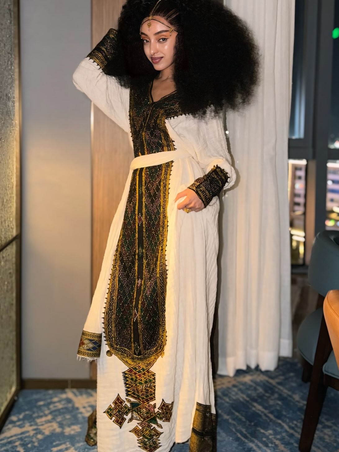 Obsidian Black & Gold Diamond Habesha Kemis V-Neck Ethiopian Dress Long Sleeve Habesha dress 1112
