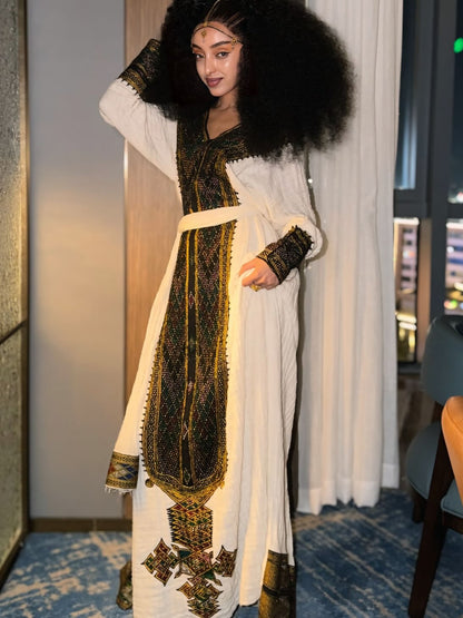 Obsidian Black & Gold Diamond Habesha Kemis V-Neck Ethiopian Dress Long Sleeve Habesha dress 1112