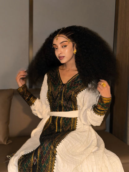 Obsidian Black & Gold Diamond Habesha Kemis V-Neck Ethiopian Dress Long Sleeve Habesha dress 1112