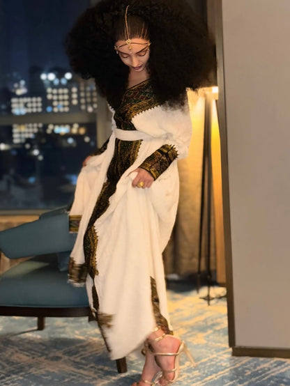 Obsidian Black & Gold Diamond Habesha Kemis V-Neck Ethiopian Dress Long Sleeve Habesha dress 1112
