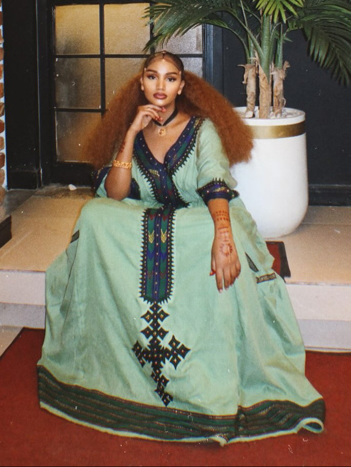 Sage Mint Green Royal Blue Cross habesha traditional dress Short Sleeve Gown