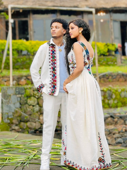Multi-Color Border Habesha Couples Attire Matching Ethiopian Wedding Sets