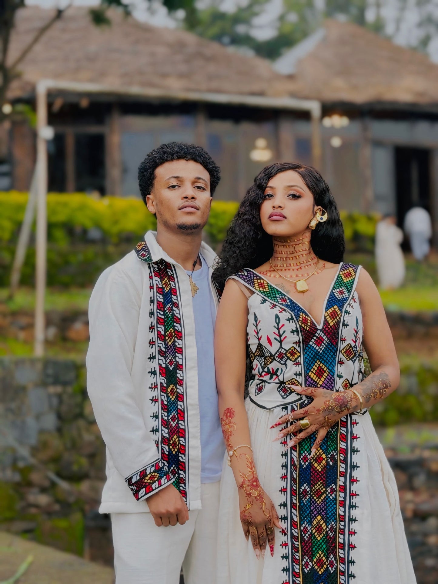 Multi-Color Geometric Border Sleeveless Habesha Couple Outfit Gown & Ethiopian Men Shirt Set 1114