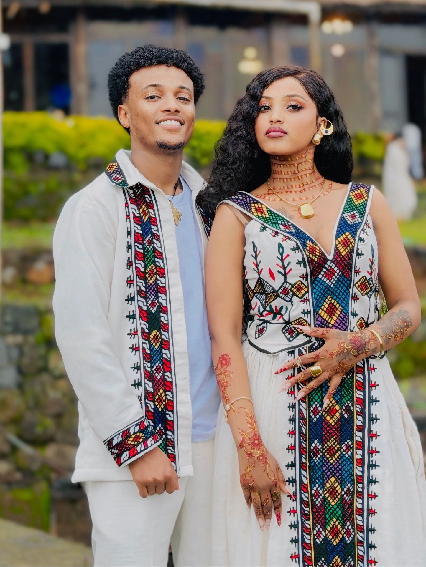 Multi-Color Geometric Border Sleeveless Habesha Couple Outfit Gown & Ethiopian Men Shirt Set 1114