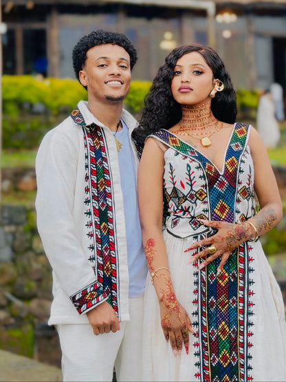 Multi-Color Geometric Border Sleeveless Habesha Couple Outfit Gown & Ethiopian Men Shirt Set 1114