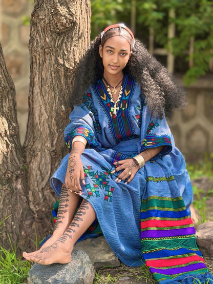 Royal Blue Striped Habesha Kemis Multi-Color Cross Eritrean Dress Short Sleeve Ethiopian Dress 1110
