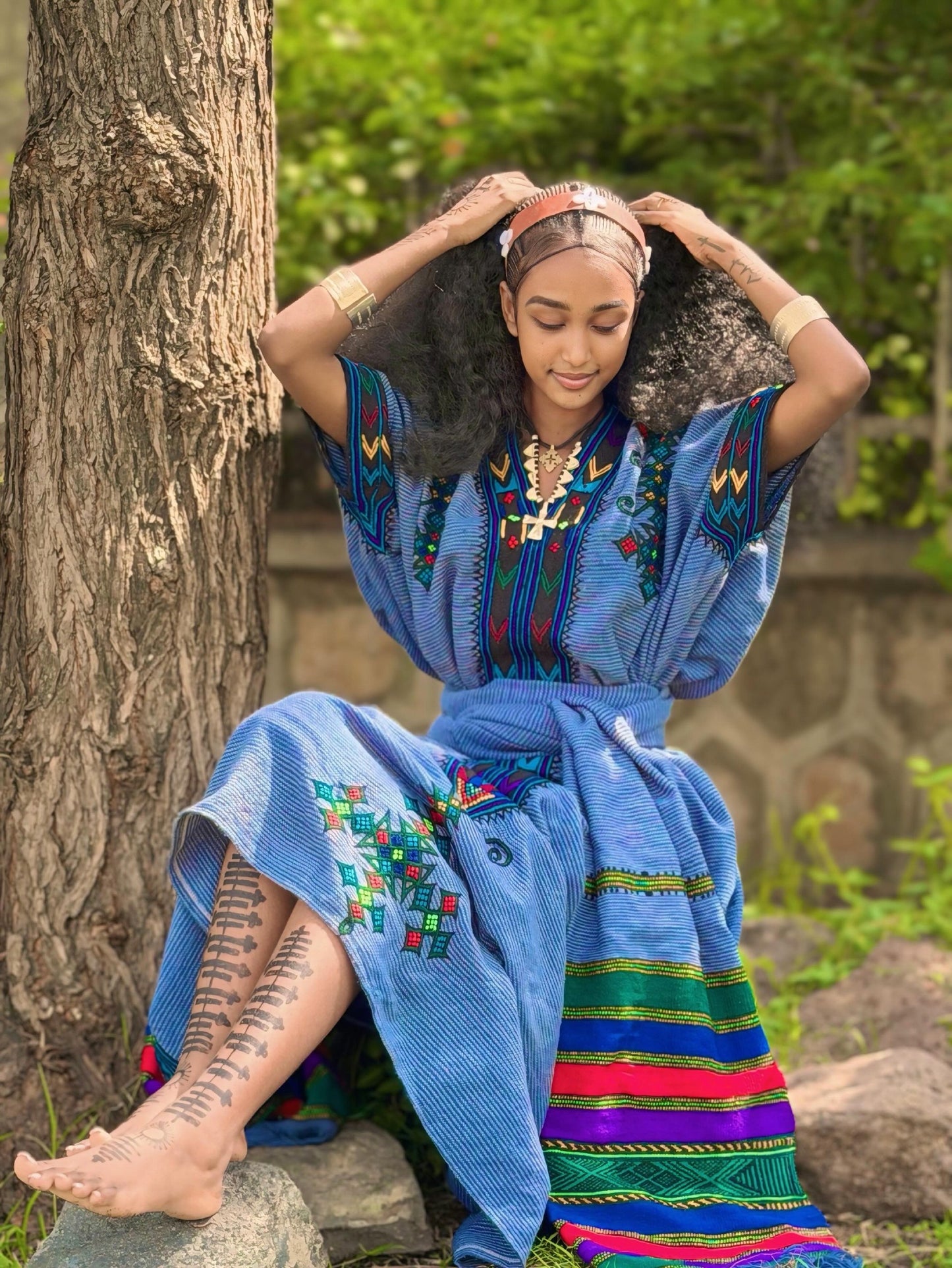 Royal Blue Striped Habesha Kemis Multi-Color Cross Eritrean Dress Short Sleeve Ethiopian Dress 1110