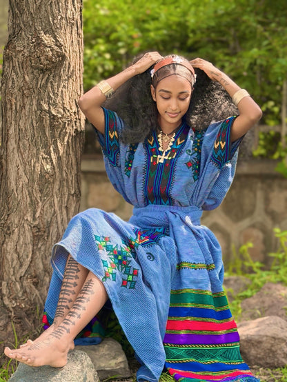 Royal Blue Striped Habesha Kemis Multi-Color Cross Eritrean Dress Short Sleeve Ethiopian Dress 1110