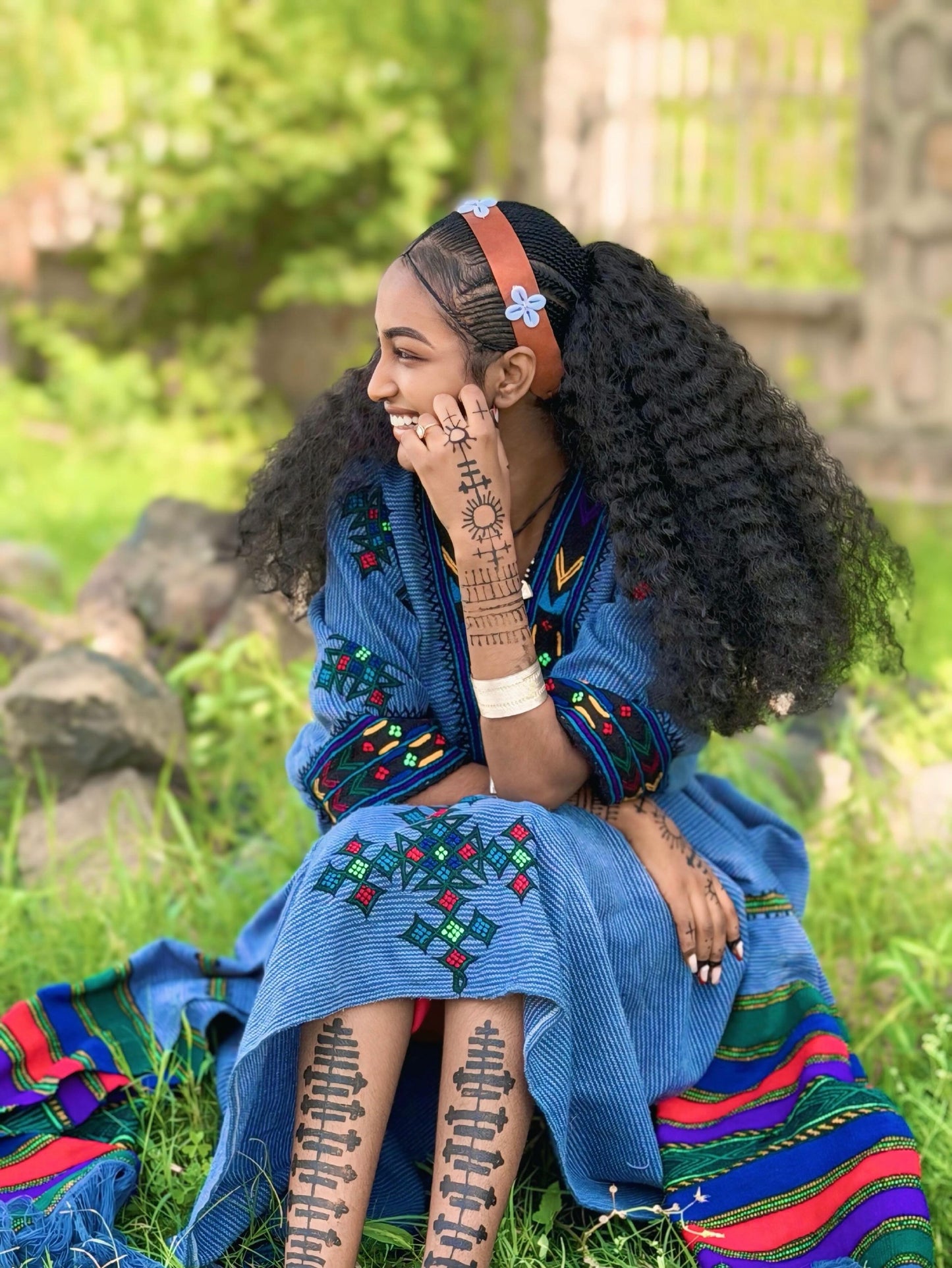 Royal Blue Striped Habesha Kemis Multi-Color Cross Eritrean Dress Short Sleeve Ethiopian Dress 1110