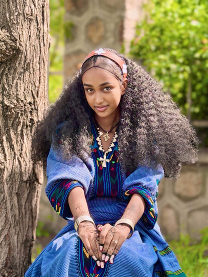 Royal Blue Striped Habesha Kemis Multi-Color Cross Eritrean Dress Short Sleeve Ethiopian Dress 1110