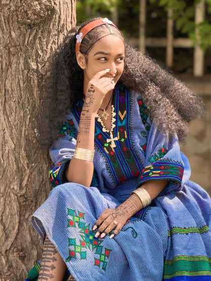 Royal Blue Striped Habesha Kemis Multi-Color Cross Eritrean Dress Short Sleeve Ethiopian Dress 1110