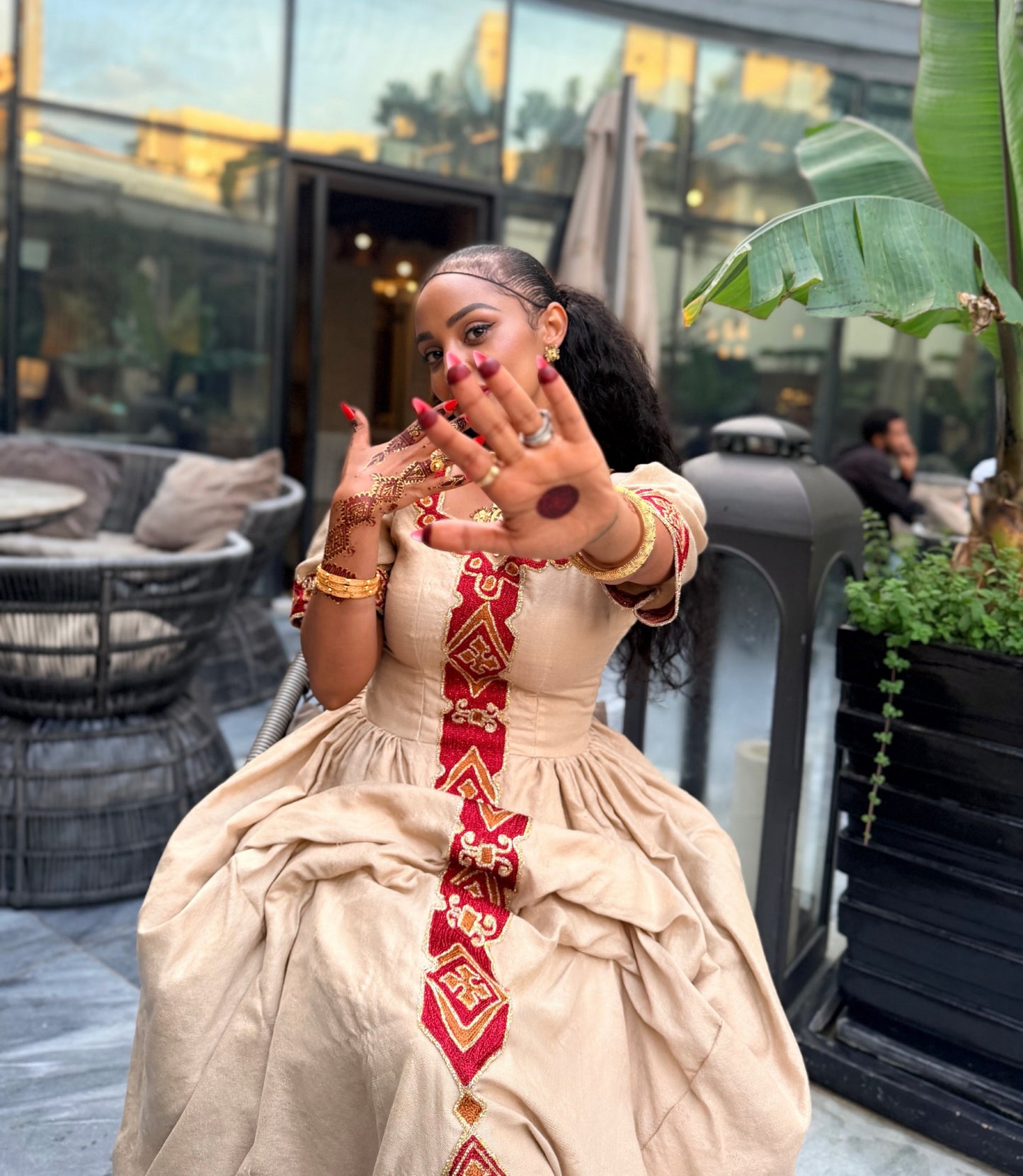 Sand Tan Ruby Red Diamond Lattice Eritrean Dress Short Sleeve Ethiopian dress Timeless Habesha Kemis 1115