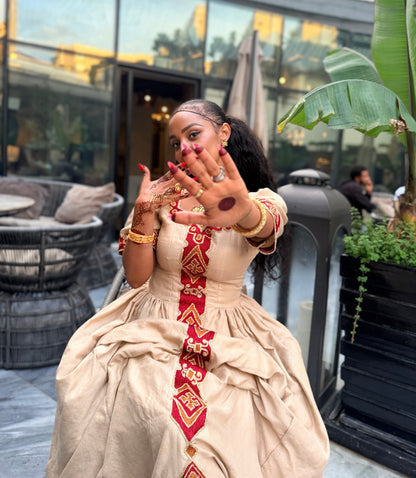 Sand Tan Ruby Red Diamond Lattice Eritrean Dress Short Sleeve Ethiopian dress Timeless Habesha Kemis 1115