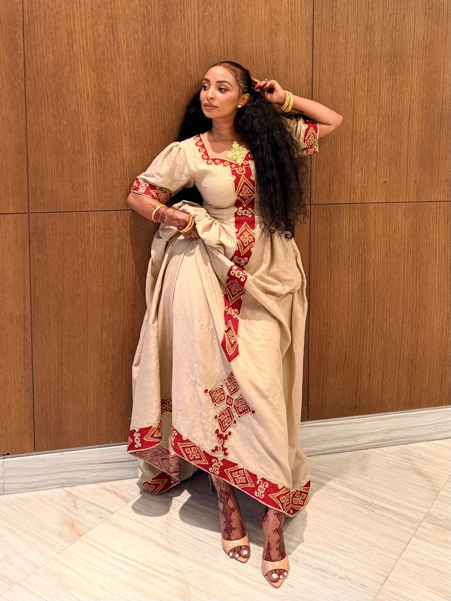 Sand Tan Ruby Red Lattice habesha traditional dress Pure ethiopian clothing