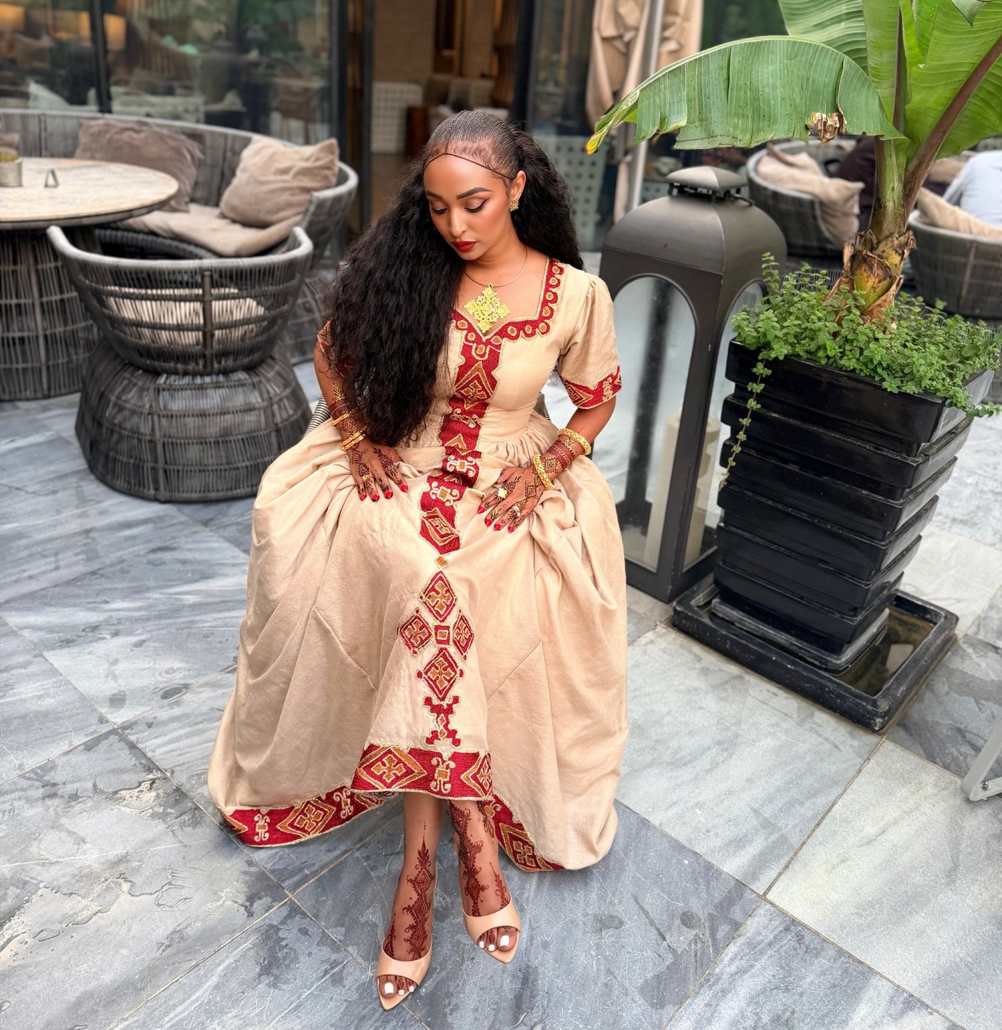 Sand Tan Ruby Red Diamond Lattice Eritrean Dress Short Sleeve Ethiopian dress Timeless Habesha Kemis 1115