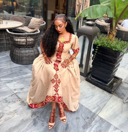 Sand Tan Ruby Red Diamond Lattice Eritrean Dress Short Sleeve Ethiopian dress Timeless Habesha Kemis 1115