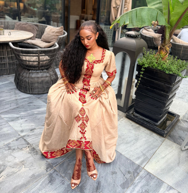 Sand Tan Ruby Red Diamond Lattice Eritrean Dress Short Sleeve Ethiopian dress Timeless Habesha Kemis 1115