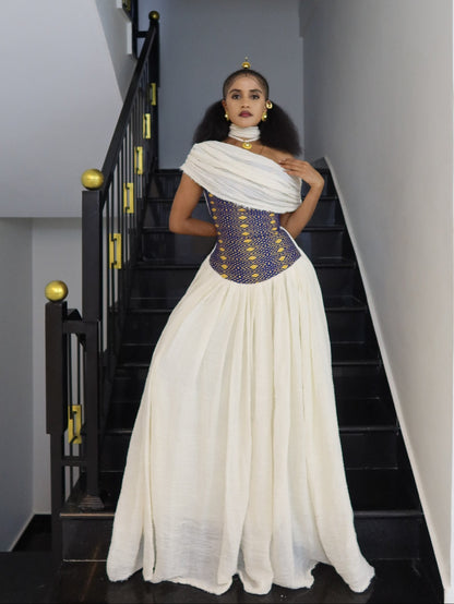 Royal Blue & Gold Corset Bustier Draped Habesha Kemis One-Shoulder Gown Traditional Ethiopian Dress 1116