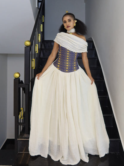 Royal Blue & Gold Corset Bustier Draped Habesha Kemis One-Shoulder Gown Traditional Ethiopian Dress 1116
