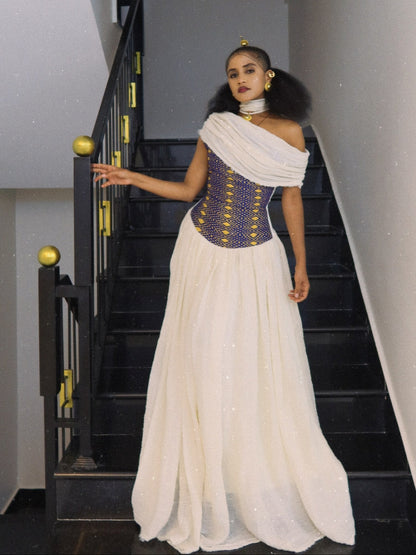 Royal Blue & Gold Corset Bustier Draped Habesha Kemis One-Shoulder Gown Traditional Ethiopian Dress 1116