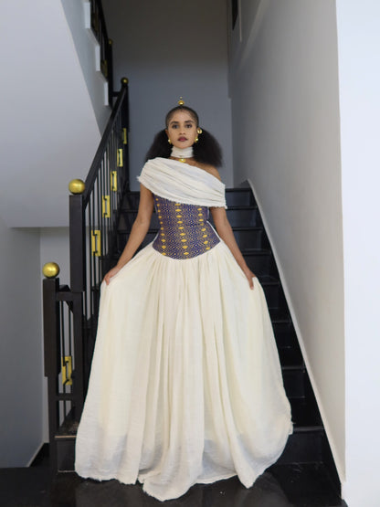 Royal Blue Gold Corset habesha kemis online | Modern ethiopian clothing