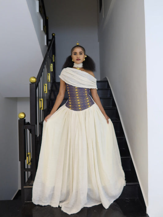 Royal Blue Gold Corset habesha kemis online | Modern ethiopian clothing