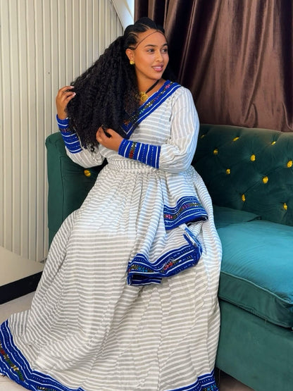 Royal Blue Striped Habesha kemis online Handloomed Ethiopian clothing Long Sleeve Habesha Dress 1117
