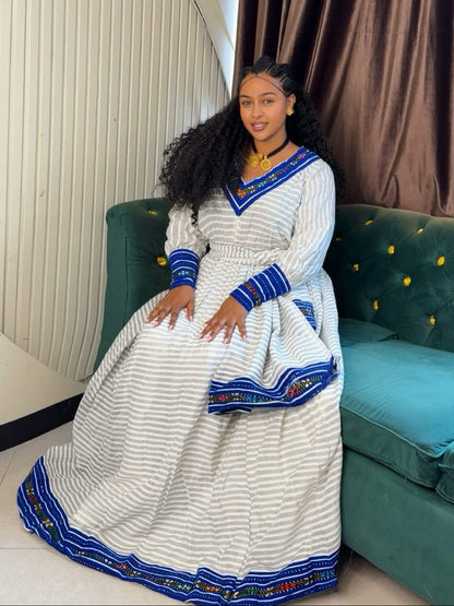 Royal Blue & White Striped V-Neck habesha traditional dress Long Sleeve Gown