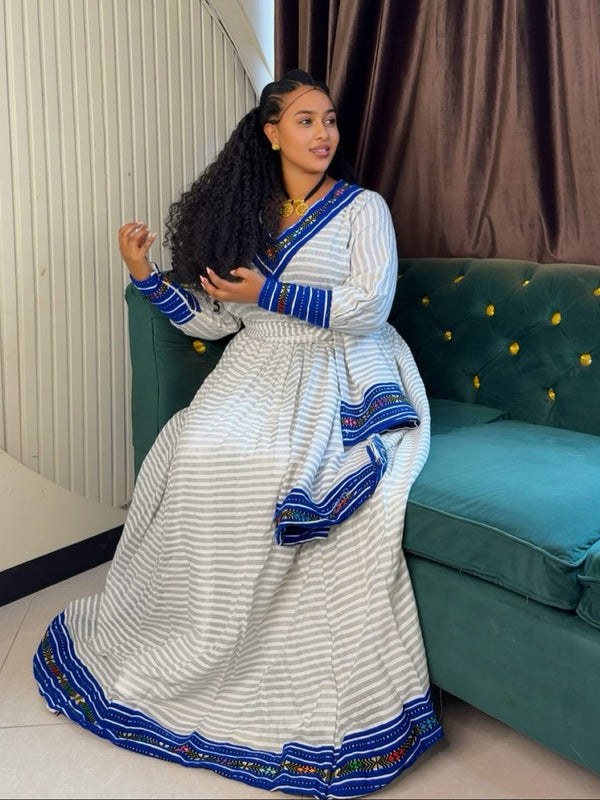 Royal Blue Striped Habesha kemis online Handloomed Ethiopian clothing Long Sleeve Habesha Dress 1117