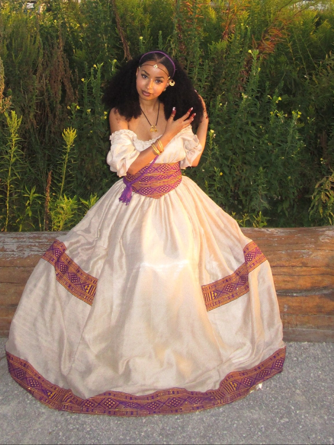 Royal Purple & Gold Corset Waist Habesha Dress Off-The-Shoulder Habesha Kemis Ballgown 1118