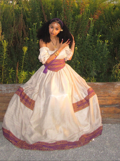 Royal Purple & Gold Corset Waist Habesha Dress Off-The-Shoulder Habesha Kemis Ballgown 1118