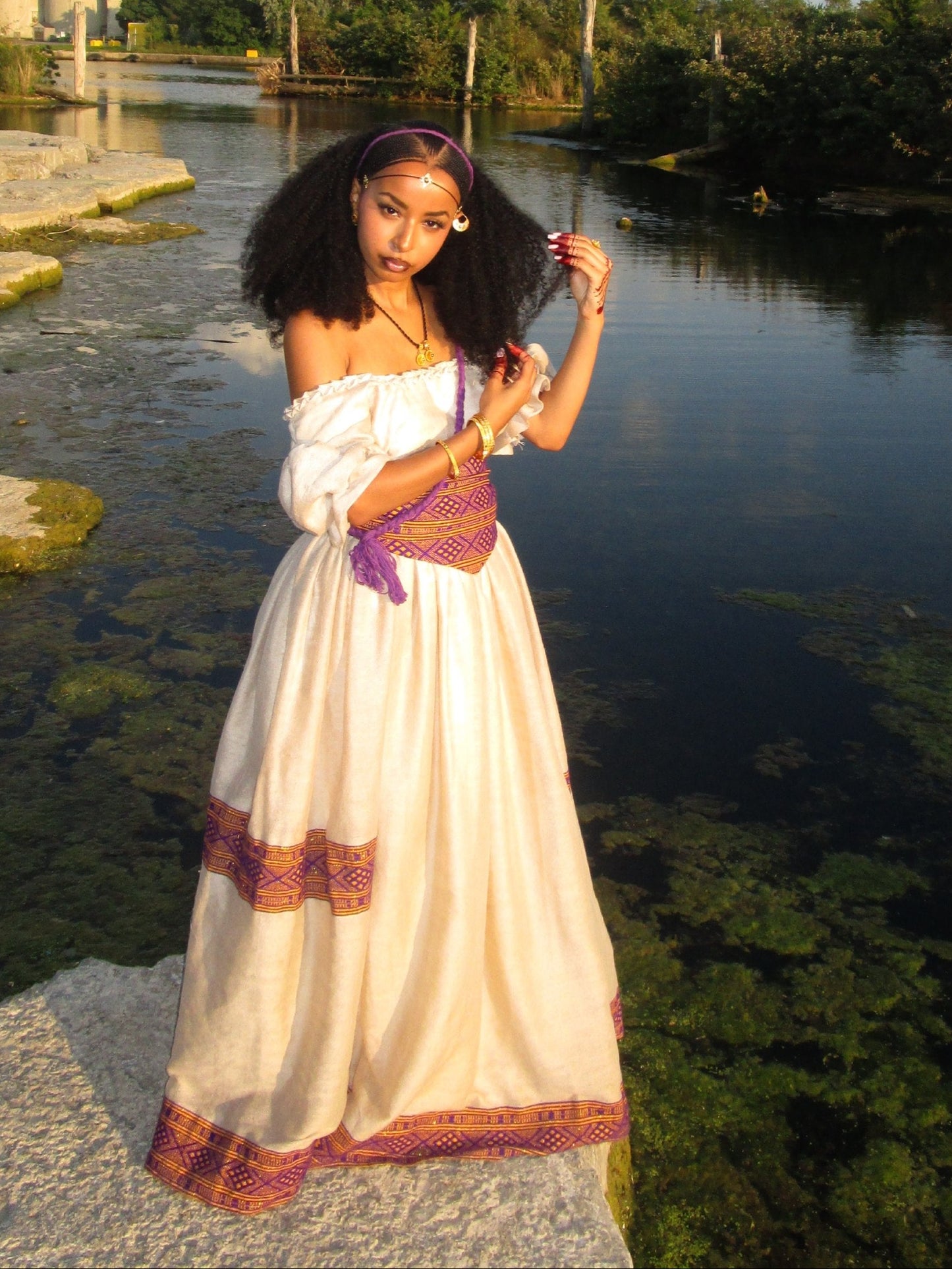 Royal Purple & Gold Corset Waist Habesha Dress Off-The-Shoulder Habesha Kemis Ballgown 1118