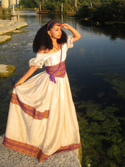 Royal Purple & Gold Corset Waist Habesha Dress Off-The-Shoulder Habesha Kemis Ballgown 1118