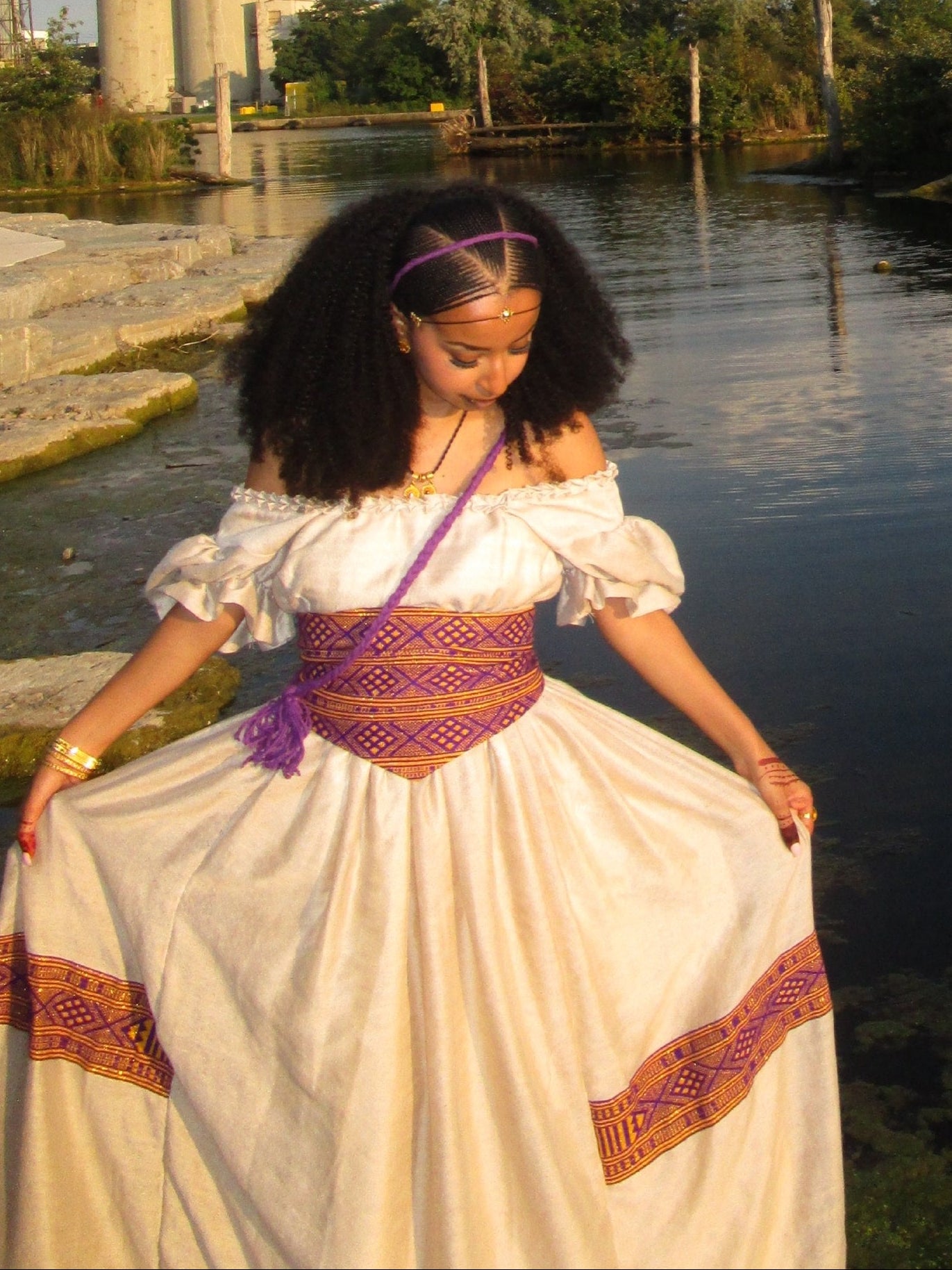 Royal Purple & Gold Corset Waist Habesha Dress Off-The-Shoulder Habesha Kemis Ballgown 1118