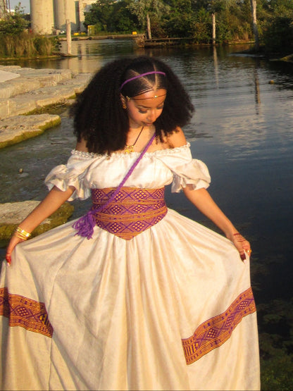 Royal Purple & Gold Corset Waist Habesha Dress Off-The-Shoulder Habesha Kemis Ballgown 1118