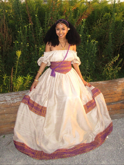 Royal Purple & Gold Corset Waist Habesha Dress Off-The-Shoulder Habesha Kemis Ballgown 1118