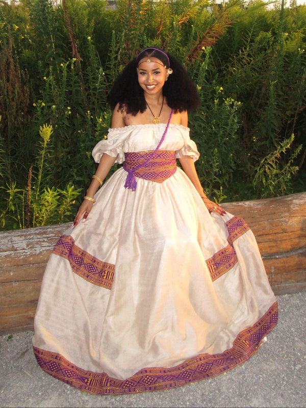 Royal Purple & Gold Corset Waist Habesha Dress Off-The-Shoulder Habesha Kemis Ballgown 1118