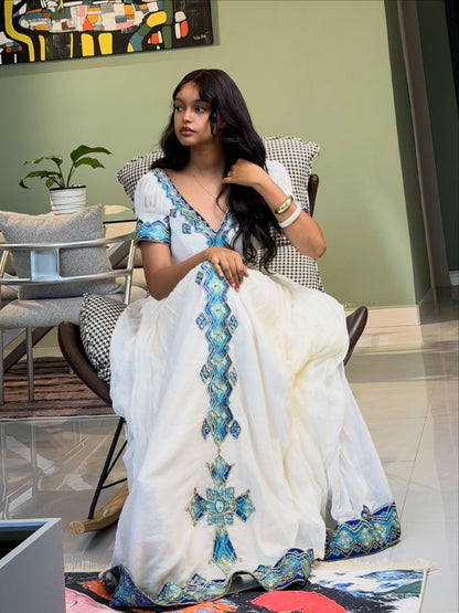 Sapphire & Sky Blue Diamond Cross Habesha Kemis V-Neck Traditional Ethiopian Dress Short Sleeve Gown 1119