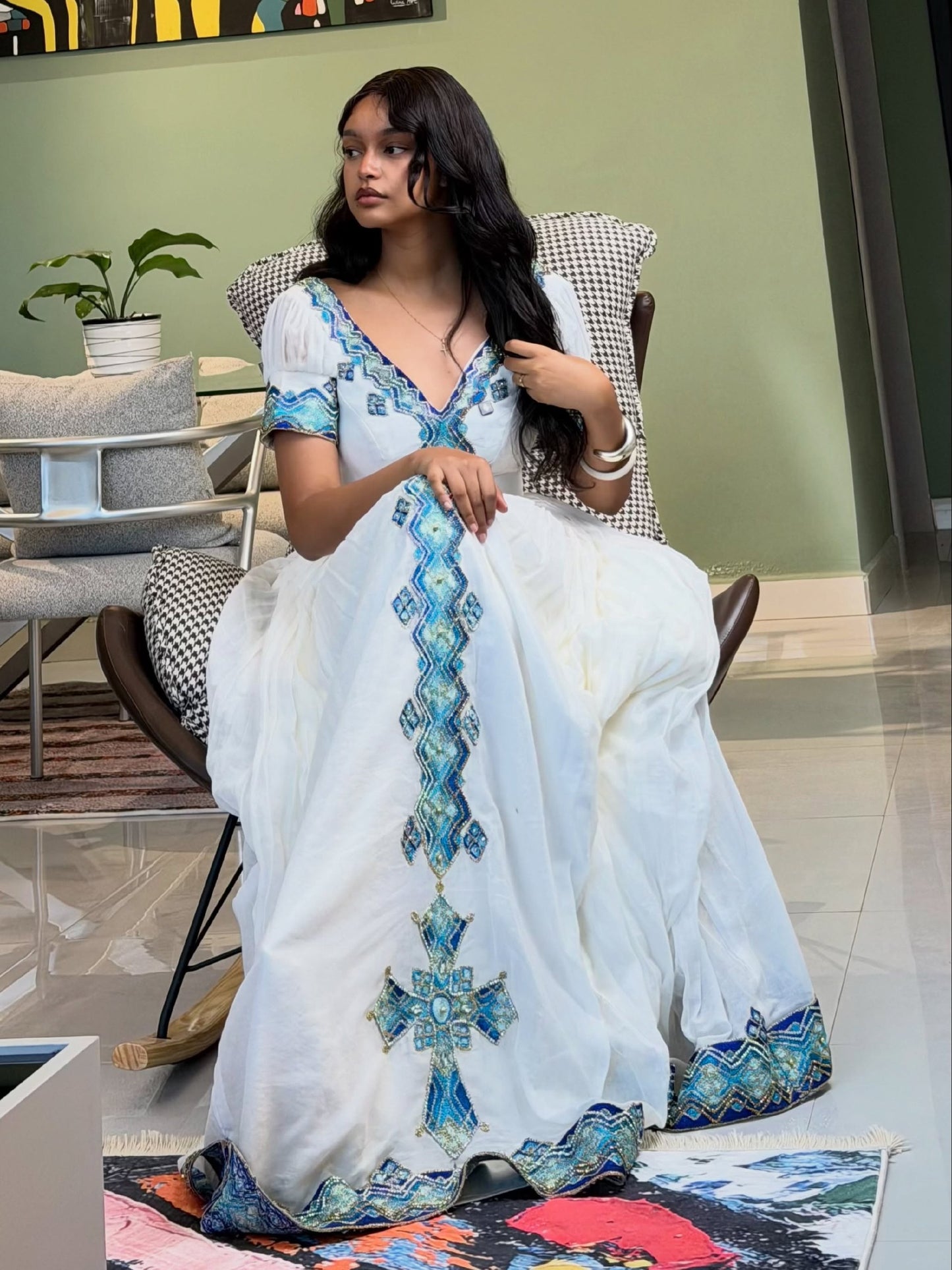 Sky Blue Mosaic habesha kemis online Handcrafted ethiopian clothing
