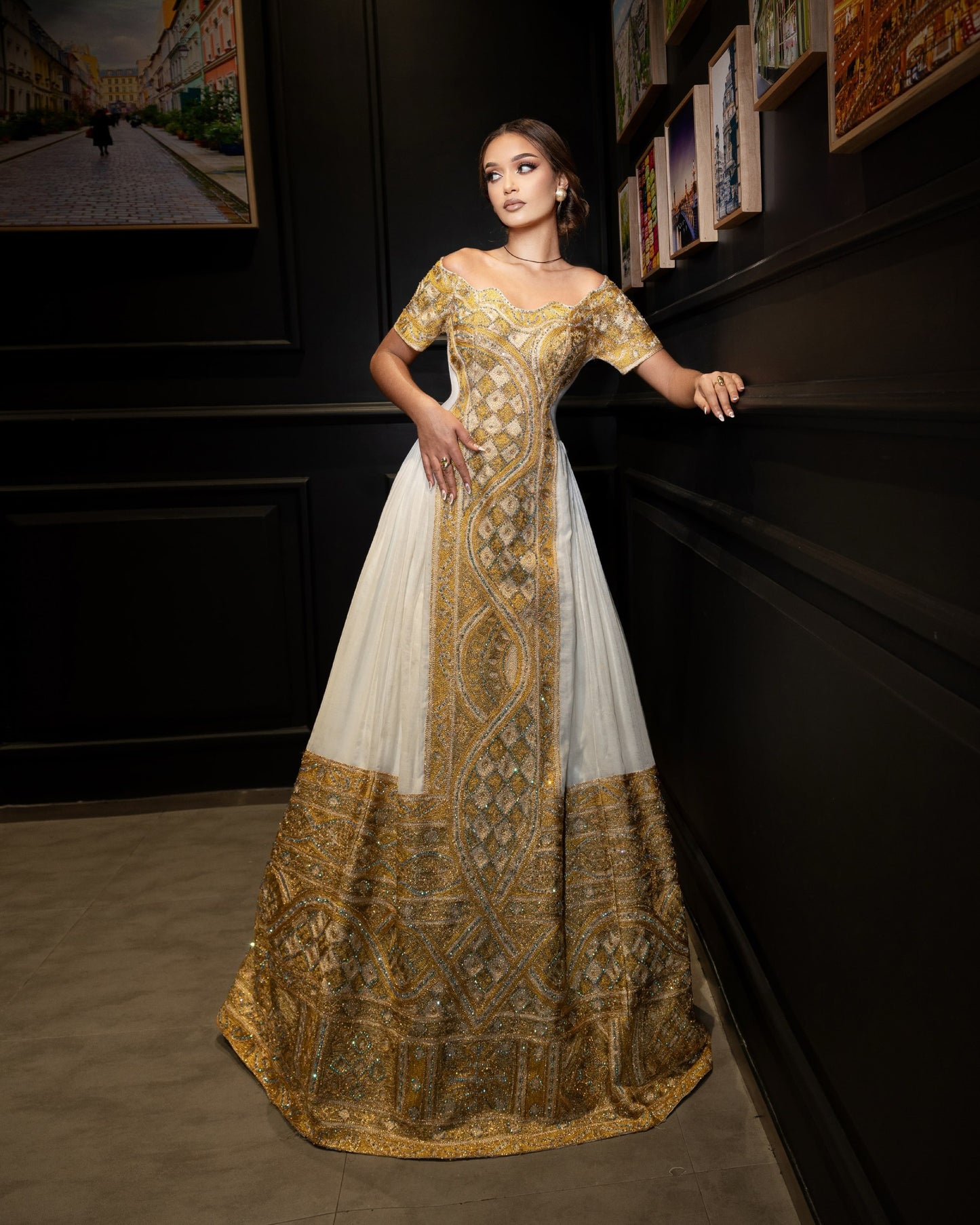 Imperial Gold & Bronze Medallion Habesha Dress Off-Shoulder Traditional Ethiopian Wedding dress Ballgown 1120