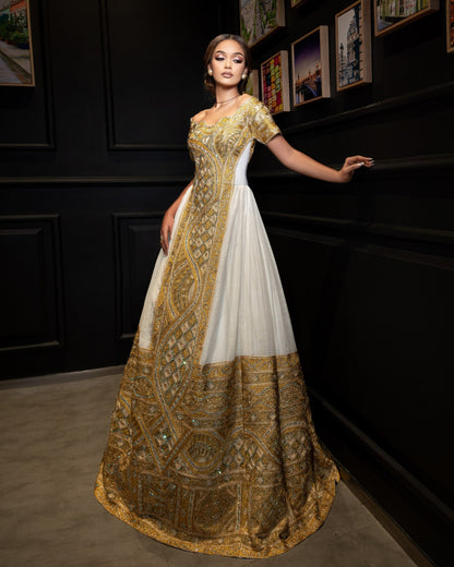 Imperial Gold & Bronze Medallion Habesha Dress Off-Shoulder Traditional Ethiopian Wedding dress Ballgown 1120