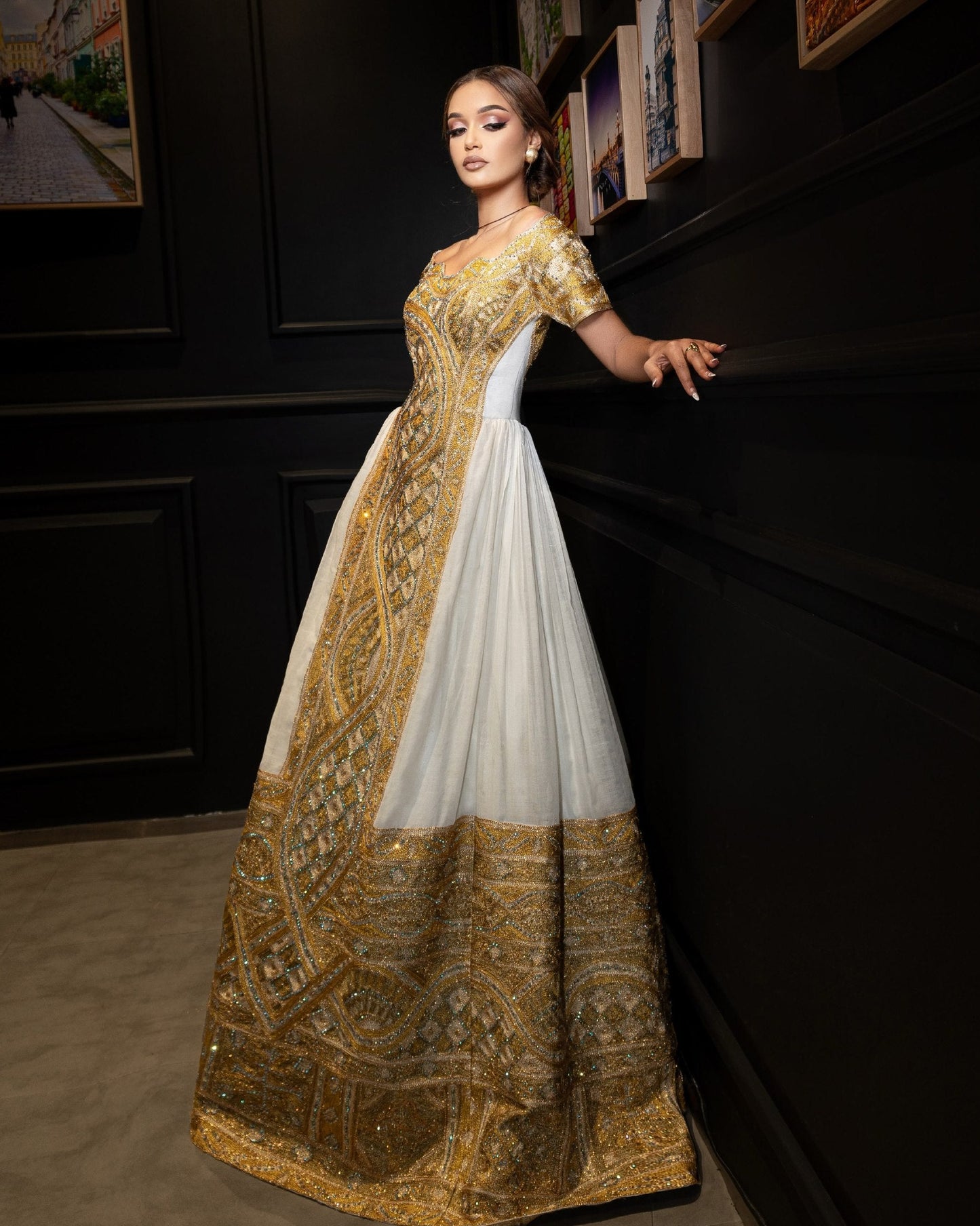 Imperial Gold & Bronze Medallion Habesha Dress Off-Shoulder Traditional Ethiopian Wedding dress Ballgown 1120